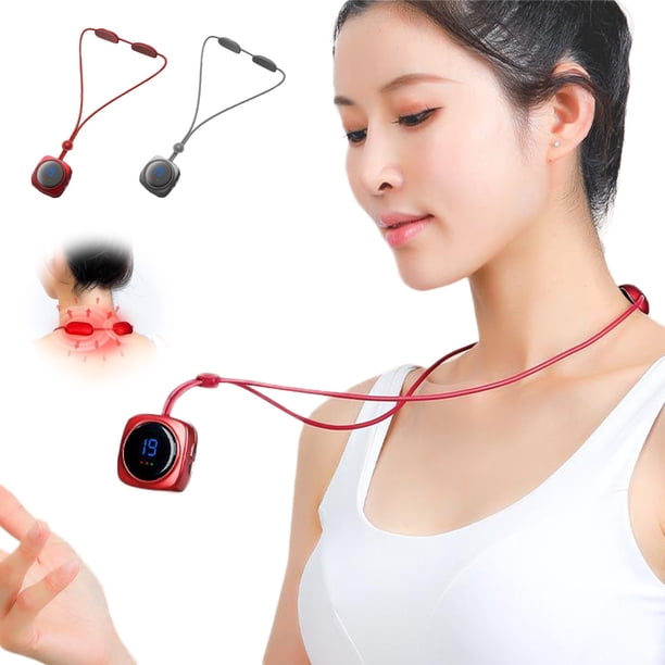 Masajeador de cuello con carga USB y calor - 3 ajustes de temperatura y 19 niveles de intensidad, diseño colgante rojo/gris para alivio cervical, 45 cm