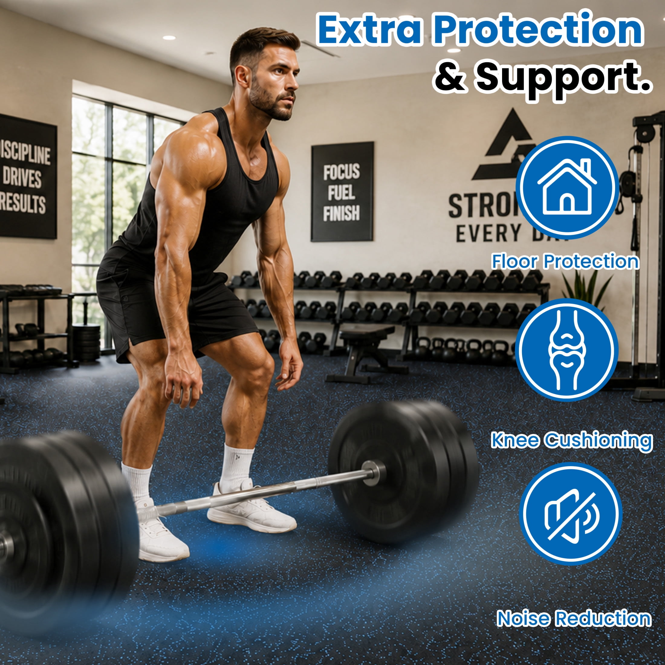 Noble House 0.6" Thick Interlocking Rubber Top & EVA Foam Floor Workout Mats for Gym, Yoga, 6 Tiles, Black & Blue