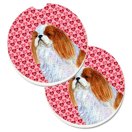- English Toy Spaniel Hearts Love and Valentine's Day Portrait Set of 2 Cup Holder Car Coasters SS4507CARC