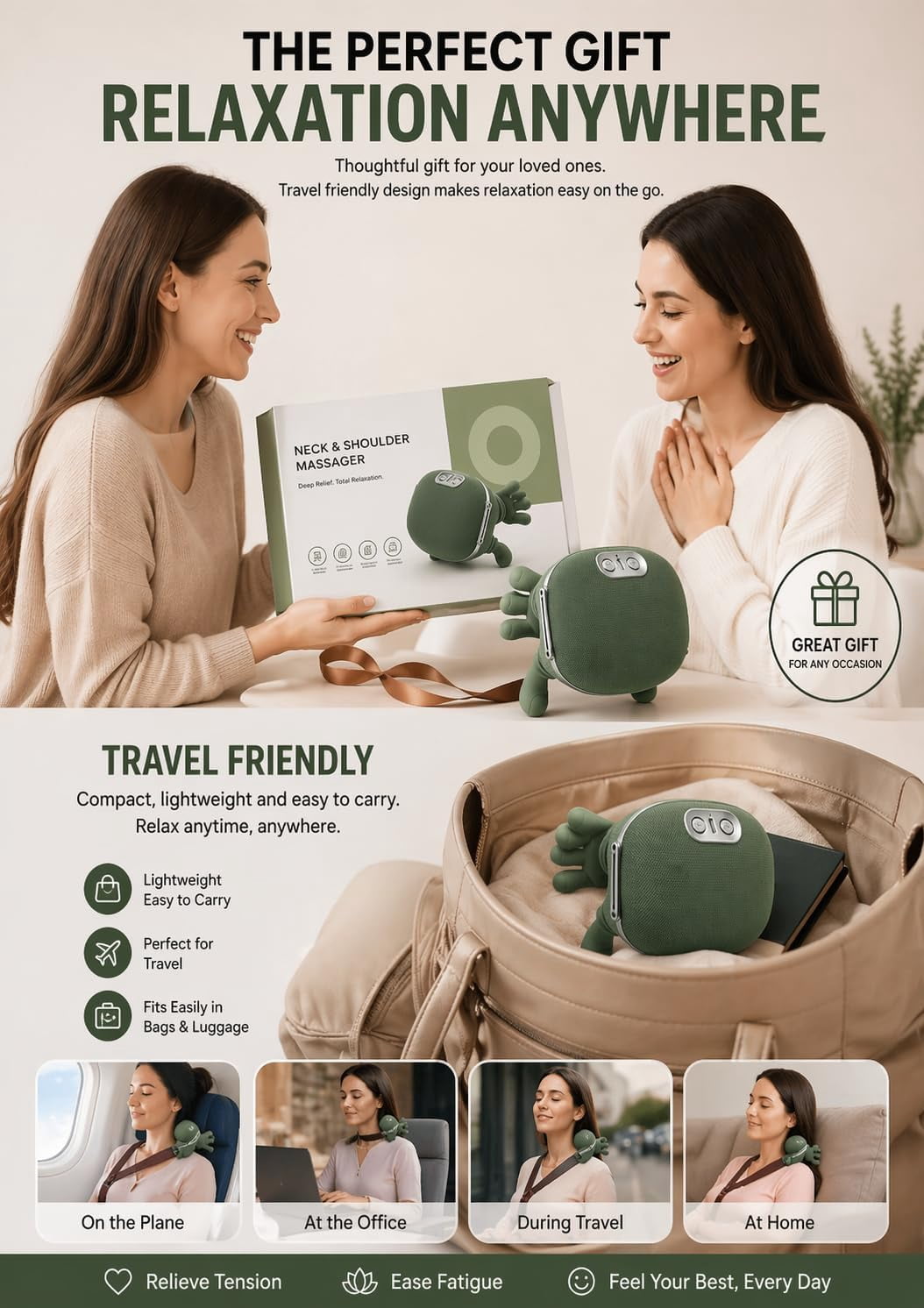 Electric Neck Massager with Heat - Realistic Hand Sensation Deep Tissue Shoulder Massager Cordless & Portable USB Rechargeable Neck Relaxer for Muscle Stress Relief