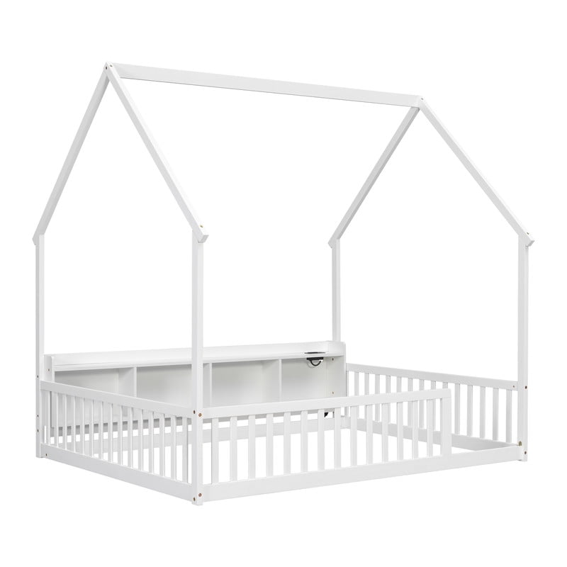 Full Size House-Shaped Canopy Bed with Roof, Wood Kid's Floor Bed Frame with Storage Shelves, LED Lights & Charging Station
