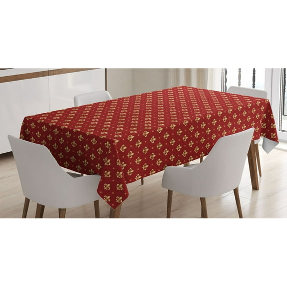 Fleur De Lis Tablecloth, Classic Baroque Western Nobility European Boho Style Vintage Print, Rectangle Satin Table Cover for Dining Room and Kitchen, 60" X 90", Vermilion and Mustard, by Ambesonne