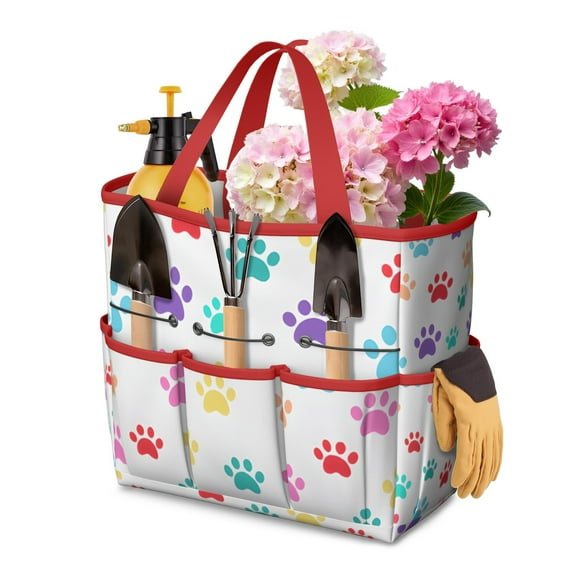 Garden Tool Bag,Colorful Dog Paw Footprint Garden Tool Organizer,Garden Gifts,Waterproof Multi-Pocket Garden Tool Storage 11.8x5.5x11.4 Inch(Tools NOT Included)