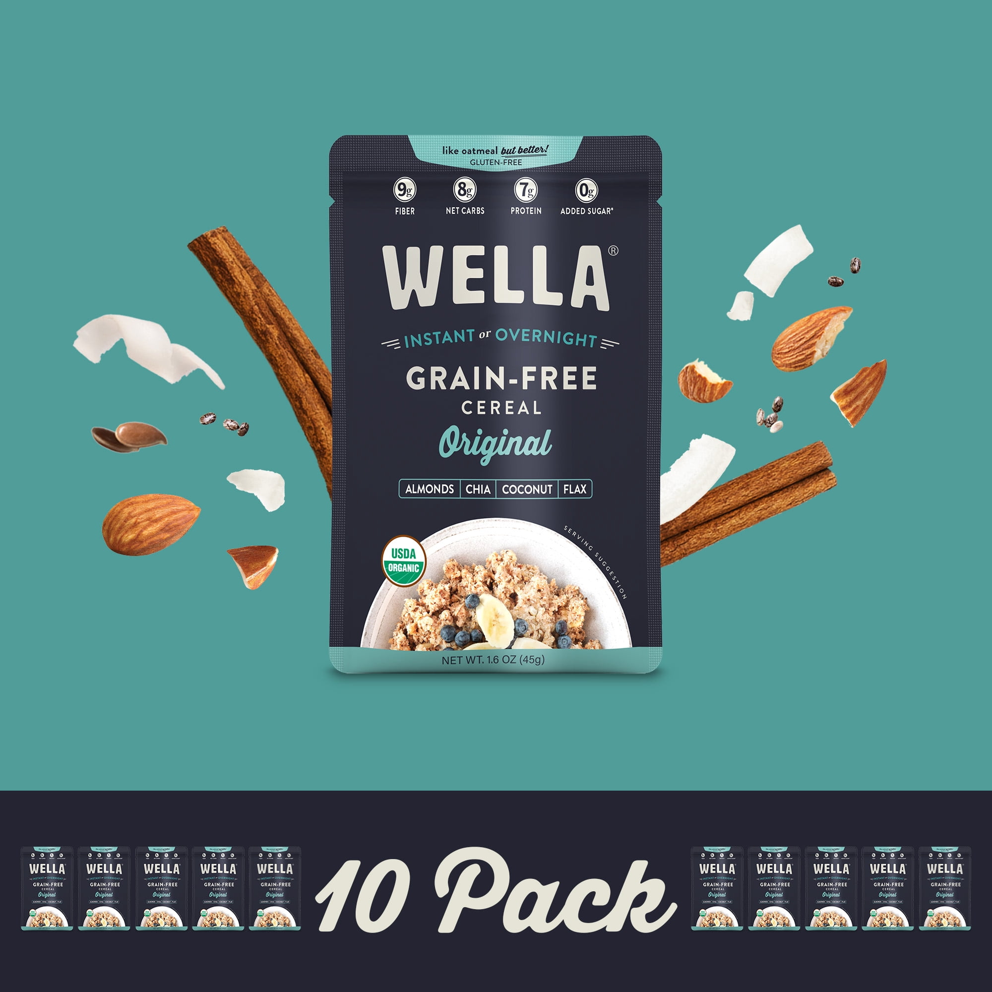 Wella Grain Free Cereal Oatmeal Alternative – Organic Cereal, Vegan High Protein Gluten Free Superfood – Paleo Plant-Based Non-GMO – Low in Net Carbs – Single-Serve 1.6 oz. - 10 Packets