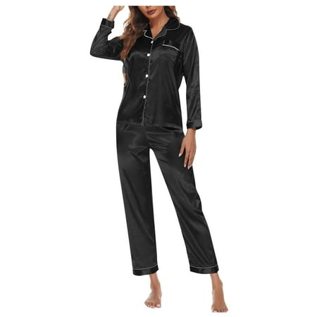 

LINMOUA Women s Casual Homewear Lapel Solid Color Long Sleeve Pants Pajama Set