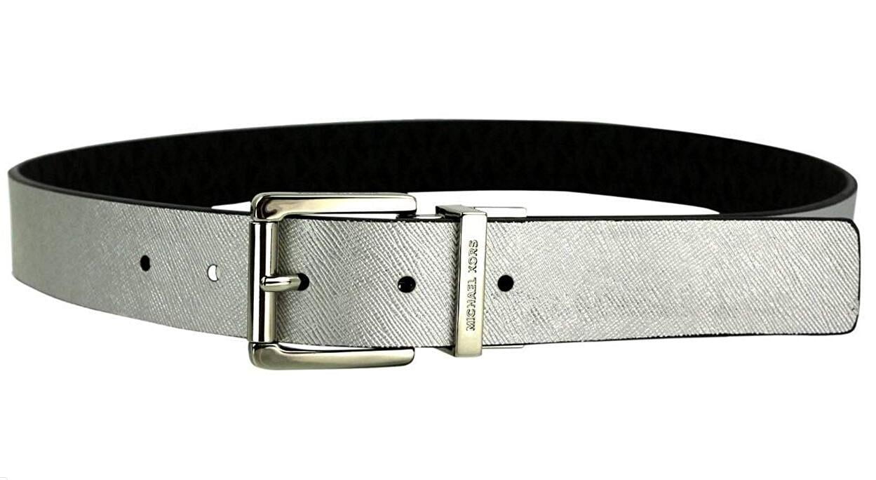 New Michael Kors Women's BLACK Monogram MK Silver Logo Belt 553725 C Size S  $58