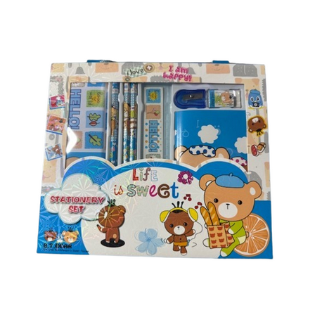 Bear Life is Sweet Stationery Set Boxed with Pencils, Eraser, Sharpener, Ruler, Notebook, Case, Blue