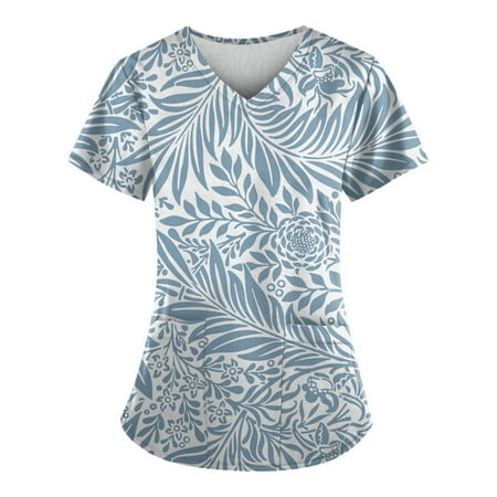 

TKing Fashion Independence Day Women Plus Size Scrubs Top V-Neck Short Sleeve Printed Pockets Work Blouse for Women Sky Blue 3XL