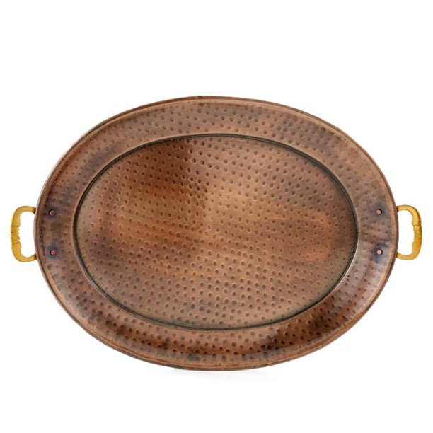 Antique Copper Oval Tray with Brass Handles, 17" x 13"