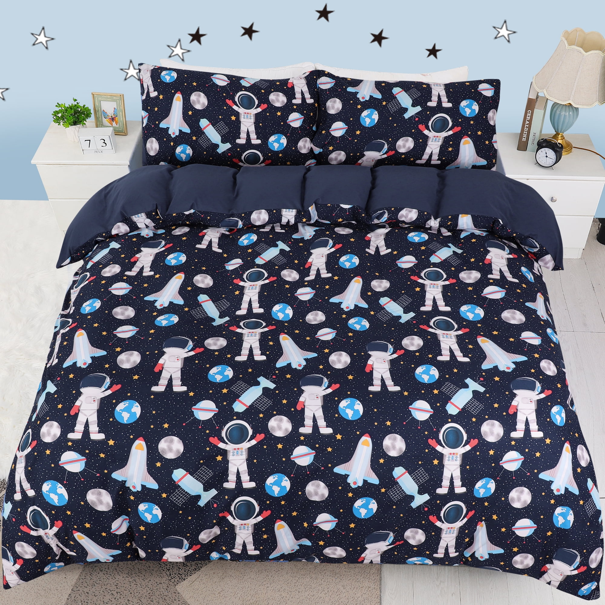 Unique Bargains 5 Piece Polyester Space Astronaut Pattern Kid Bedding Set Queen