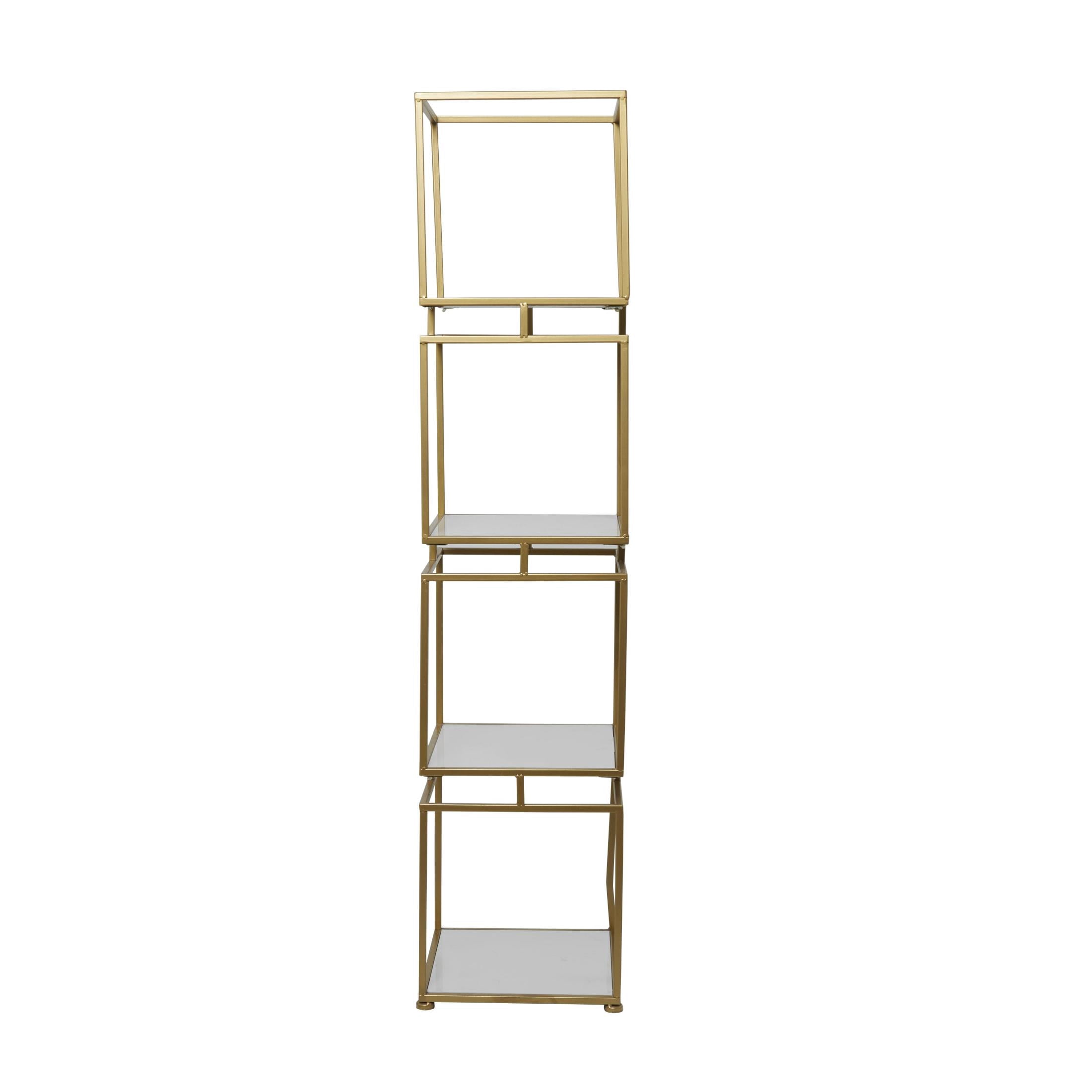 DecMode 14" x 62" Gold Metal Cube 4-Tier Shelving Unit with 4 Marble Shelves, 1-Piece