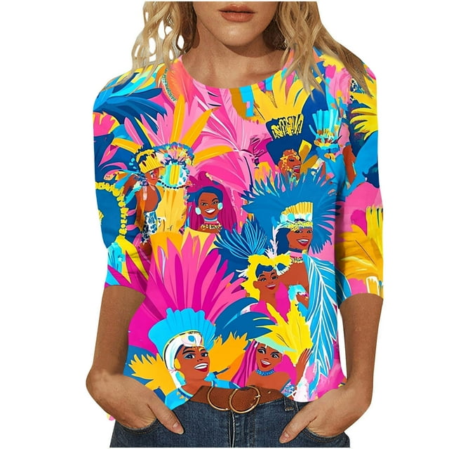 RKSTN Mardi Gras 3/4 Length Sleeve Womens Tops Oversized Crewneck Carnival Mask Print 3/4 Sleeve T Shirt Womens Casual Round Neck Tuesday Carnival Party Short Sleeve Tee Shirt Spring Summer Clothes