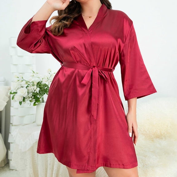 SBYOJLPB Women's Lace-Trim Silk Robes Bride Bridesmaid Kimono Satin Bathrobe V Neck Sleepwear with 3/4 Sleeve Red 10(XL)