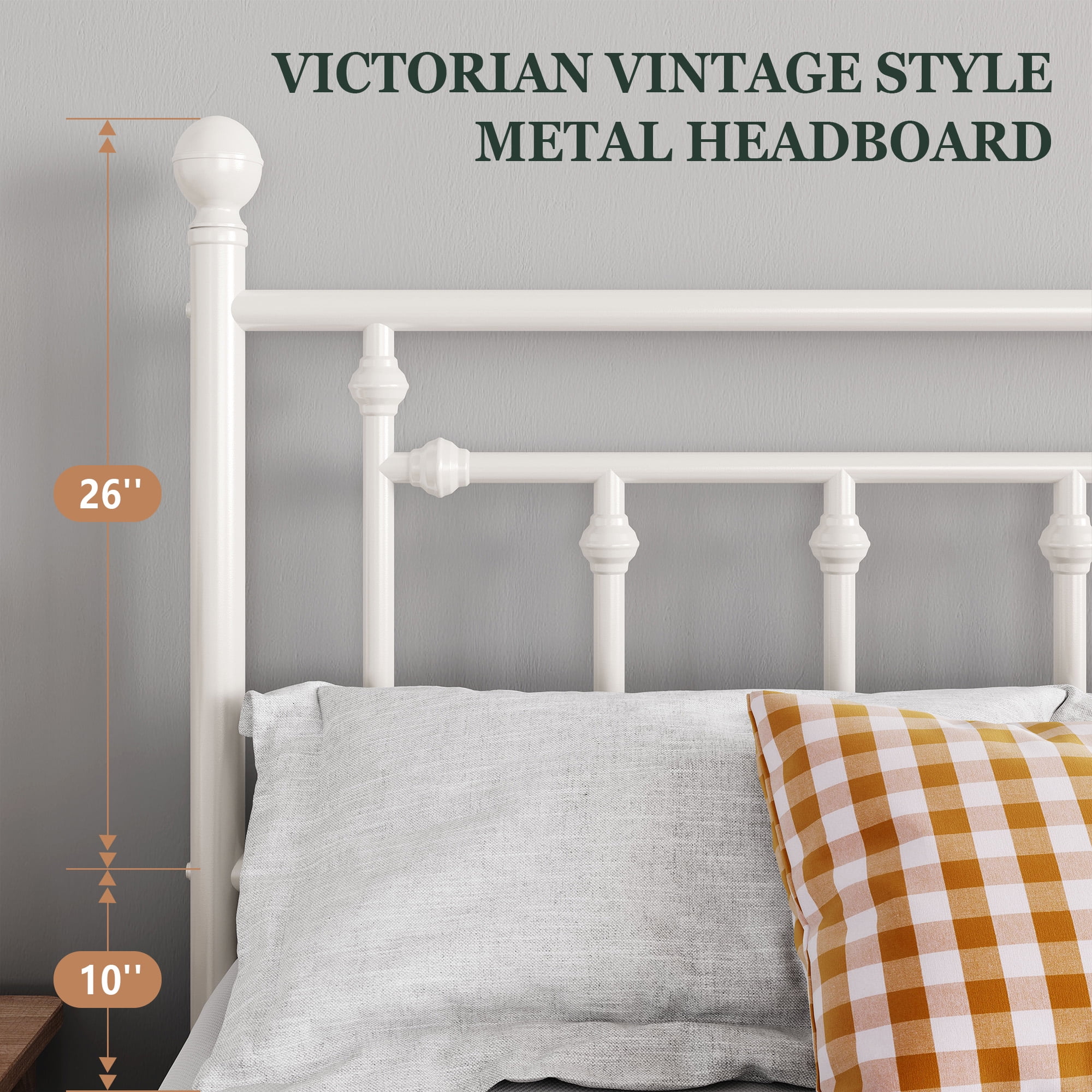 Amolife King Bed Frame, Metal Platform Bed with Vintage Headboard & No Box Spring Needed, White