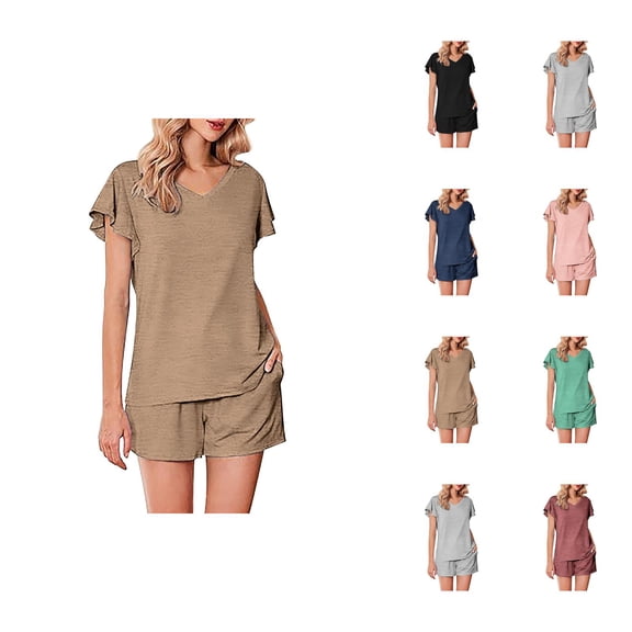 Short Sets for Women Short Ruffle Sleeve V Neck T Shirt and Shorts 2 Piece Matching Set Womens Lounge Set Summer Outfits