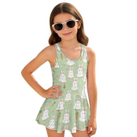 DISNIMO Girls' Swimsuit Bunny Carrot Printed One Piece Bathing Suit Quick Dry Beach Swimwear Sleeveless Bathing Suits with Skirts