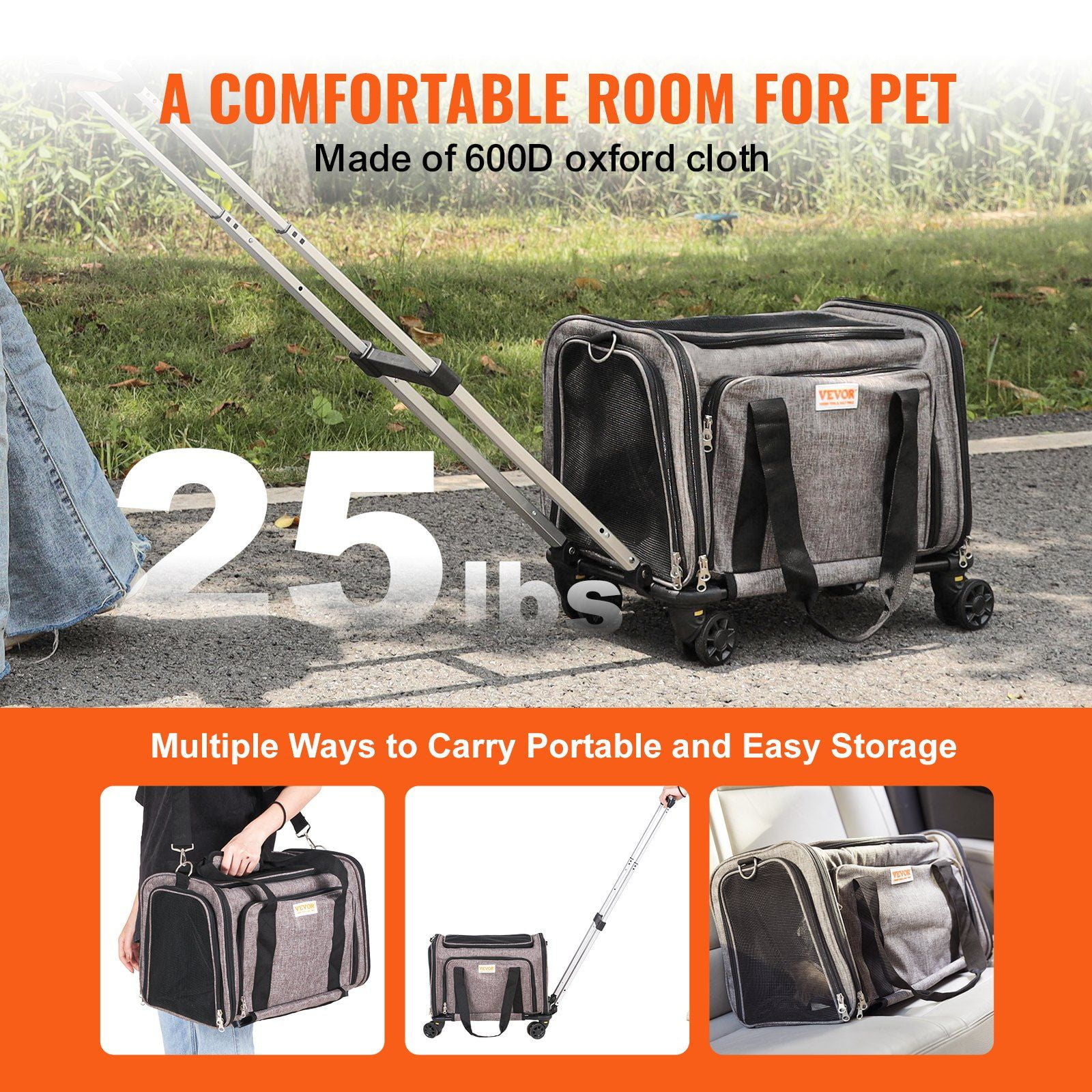 CAFORKP Rolling Pet Carrier for Air Travel - Airline Approved Cat & Dog Carrier with Telescoping Handle, Wheels, Shoulder Strap & 1 Folding Food/Water Bowl, Grey, Pets Up to 25 lbs