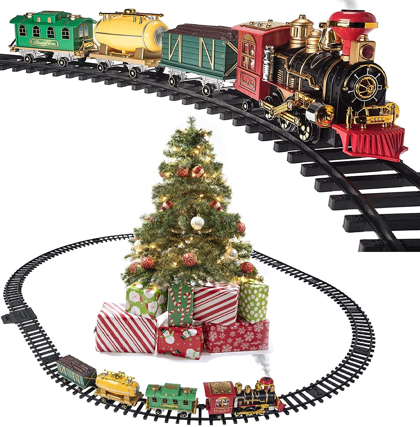 FunLittleToy Christmas Train Set with Lights and Sounds for Under The Tree, 