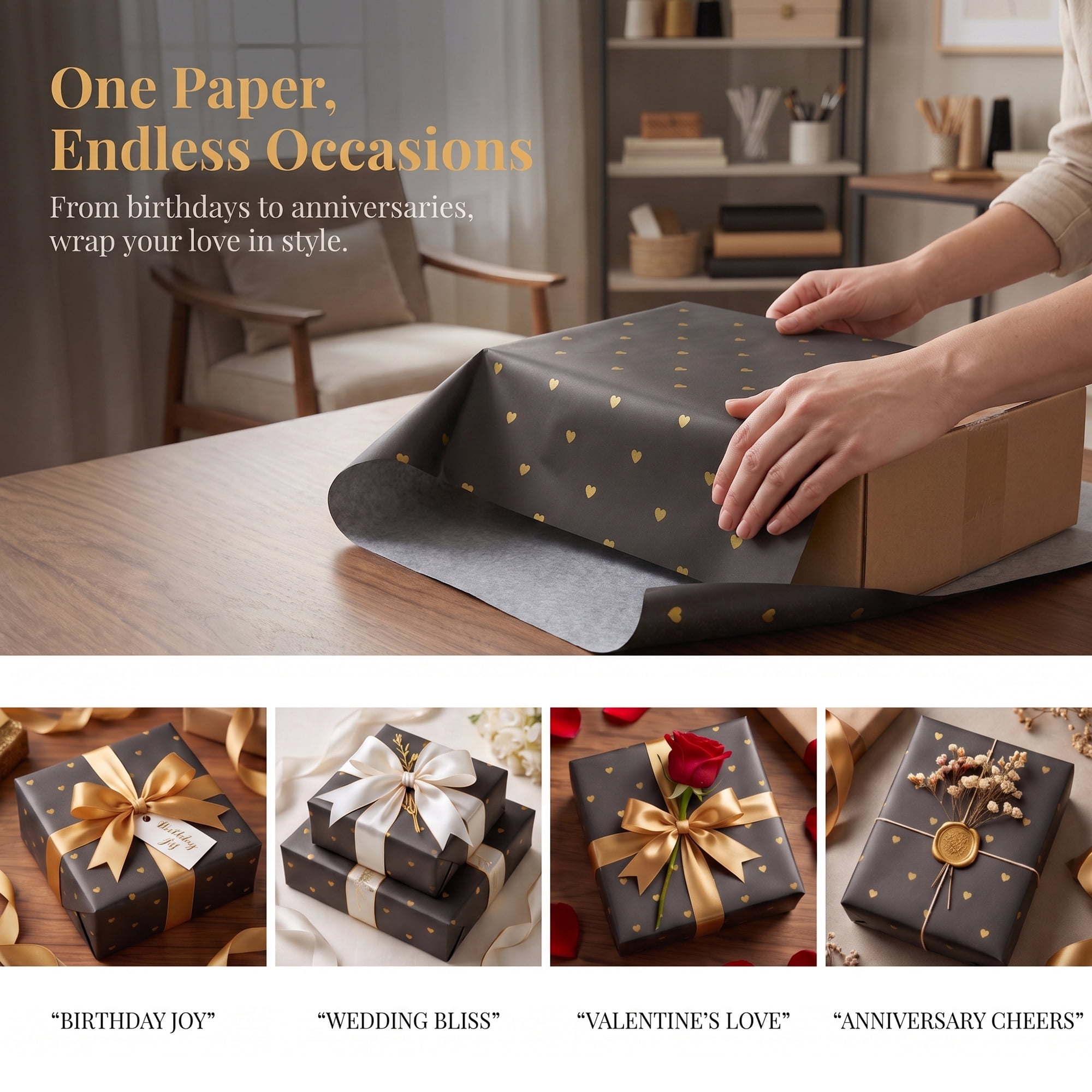 Unique Bargains 20Pcs Heart Pattern Gift Wrapping Paper Black Gold 27.6" x 19.7"