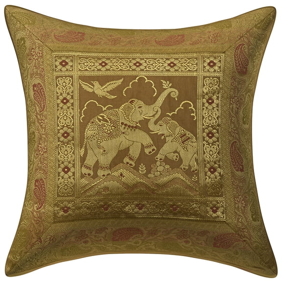 Stylo Culture Ethnic Couch Throw Pillow Cover Elephant 16x16 Jacquard Gold Square 40x40 cm Bedroom Decor Pillowcase Brocade Floral Zippered Cushion Cover | 1 Pc
