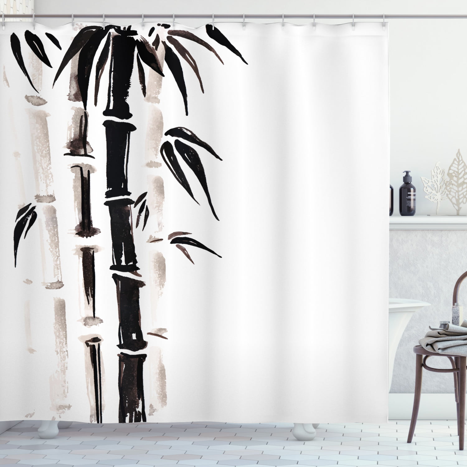 Relaxing Art Lotus Bamboo Shower Curtain Polyester Fabric Waterproof 12 Hooks 