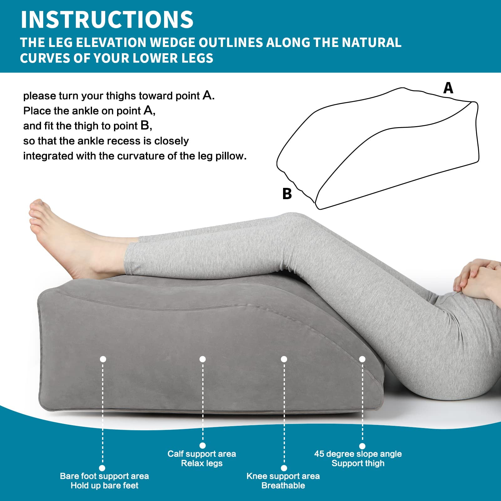 Leg Elevation Pillow, Inflatable Portable Wedge Pillow, Improve Blood Circulation and Reduce Swelling, Use During Recovery from Surgery and Injury, Rest with Elevated Feet, Pregnant Women, Gray