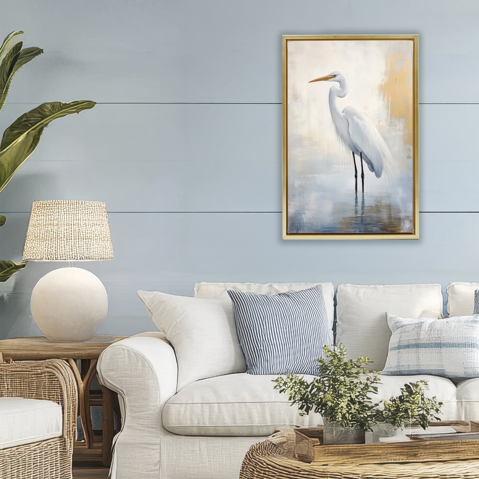 Stupell Industries Distressed Egret with Misty Reflection Gold Framed Floater Canvas Wall Art, design by Petal Prints Design