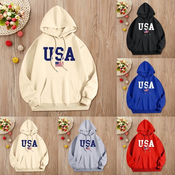 USA Print Unisex Hoodie Long Sleeve Letter Print Casual Fall Streetwear Sweatshirt Crewneck Pullover Tops