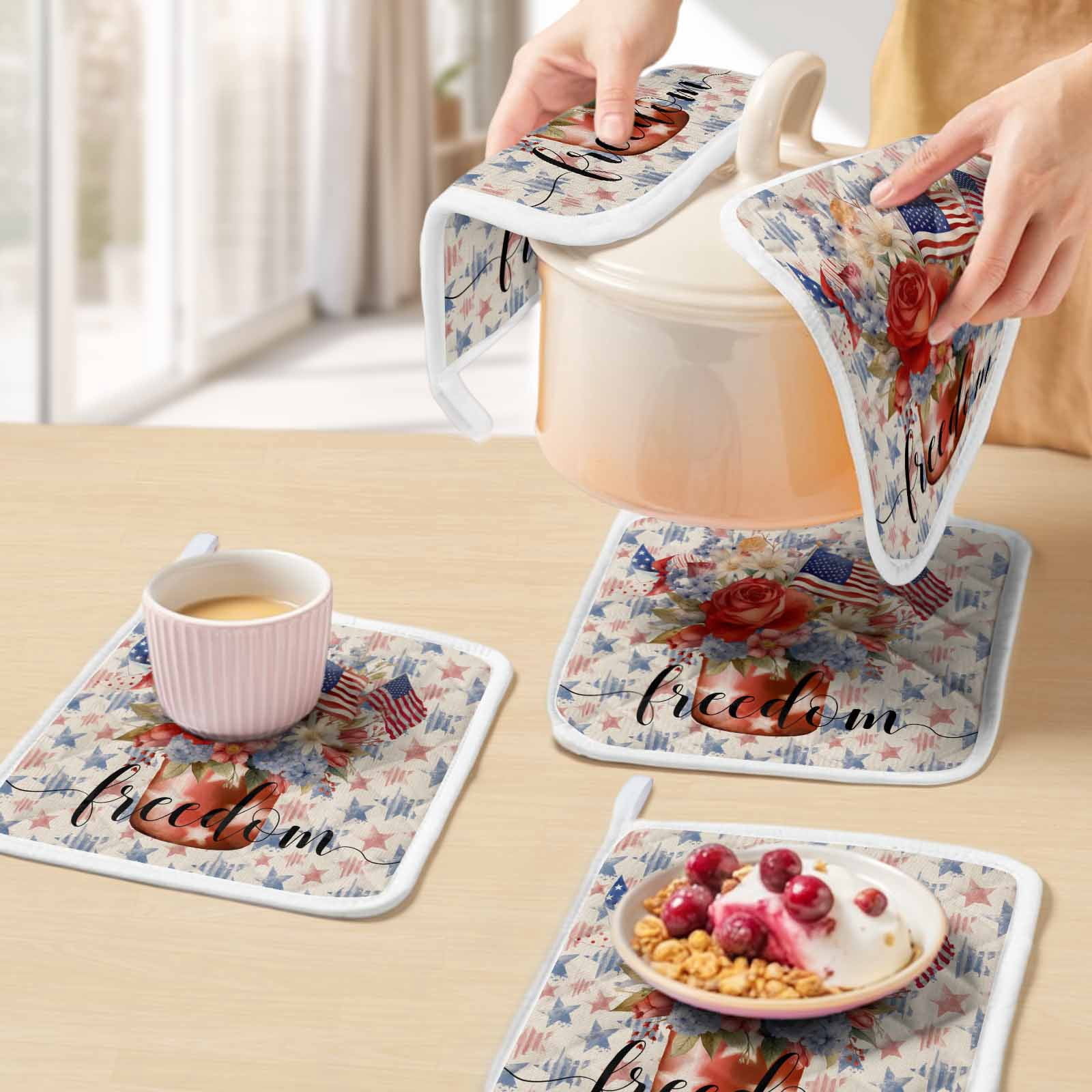 4th of July Blue Red Pot Holders for Kitchen Heatproof Potholder, 4 Pack Star Watercolor Floral American Flag Hot Pads Multipurpose Oven Pads Cloth Potholders Trivet for Cooking and Baking