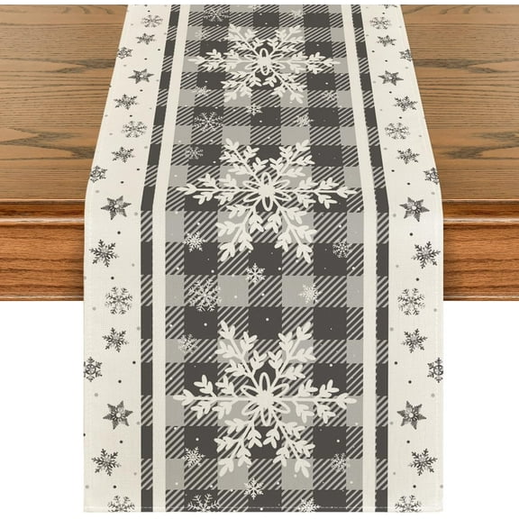 Grey Buffalo Plaid Snowflakes Christmas Table Runner, Seasonal Winter Kitchen Dining Table Decoration for Home Party Decor 13x72 Inch