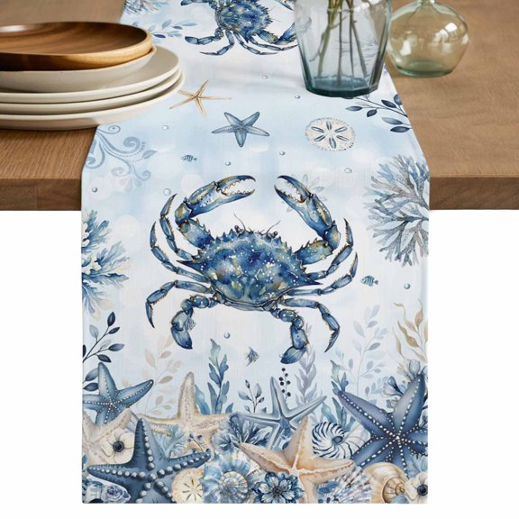 Blue Crab Coastal Table Runner 70 Inches, Beach Starfish Nautical Coral Ombre Bed Runner Dresser Scarves Tabletop for Indoor Outdoor Parties/Ceremony/Banquet, 13" x 70"