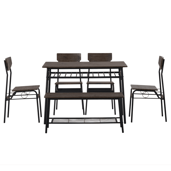 6-Piece Modern Dining Set for Home, Kitchen, Dining Room with Storage Racks, Rectangular Table, Bench, 4 Chairs, Steel Frame - Deep Elm Color