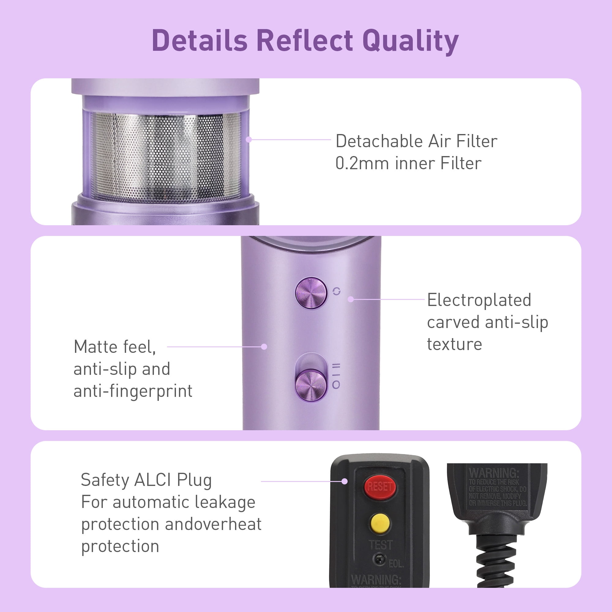 BERGUF Professional Ionic Hair Dryer, 130000 RPM High-Speed Brushless Motor Negative Ionic Blow Dryer for Fast Drying, Low Noise Thermo Control Blow Dryer with Magnetic Diffuser and Nozzle (Purple)