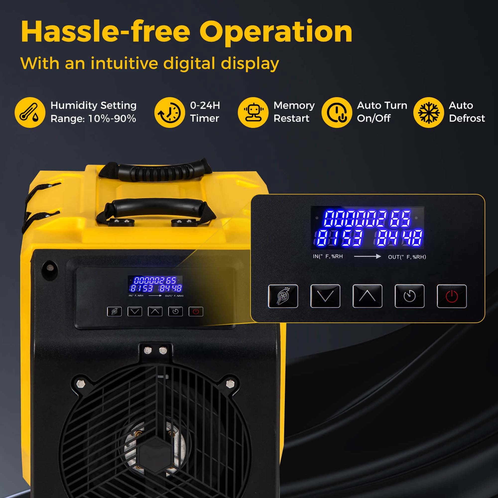Costway 50-Pint(DOE) Commercial Dehumidifier Rotational Molded Industrial Dehumidifier with Pump Yellow 9,000 Sq.ft Coverage Area (MAX 190Pint at 95°F, 90%RH)