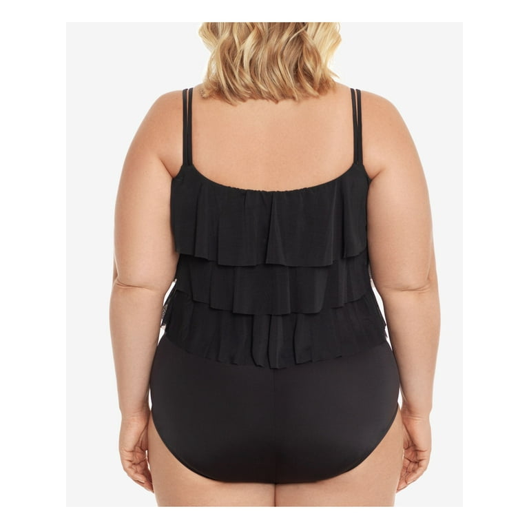 SWIM SOLUTIONS Women s Black Stretch Tummy Control Ruffled Triple Tiered Full Coverage Fixed Cups Scoop Neck One Piece Swimsuit 26W