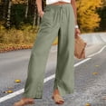 thumbnail image 2 of Nestiefly Linen Pants for Women Cotton Casual Summer Wide Leg Drawstring Elastic Trousers Side Split Beach Vacation Clothes Dark Green M, 2 of 8
