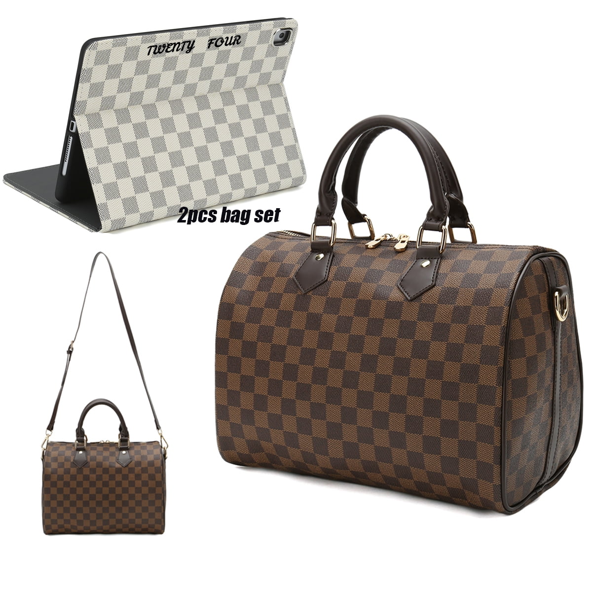 TWENTY FOUR 3PCS Set Womens Handbags Checkered Tote Shoulder Bag With Free  Gift iPad Air Case 