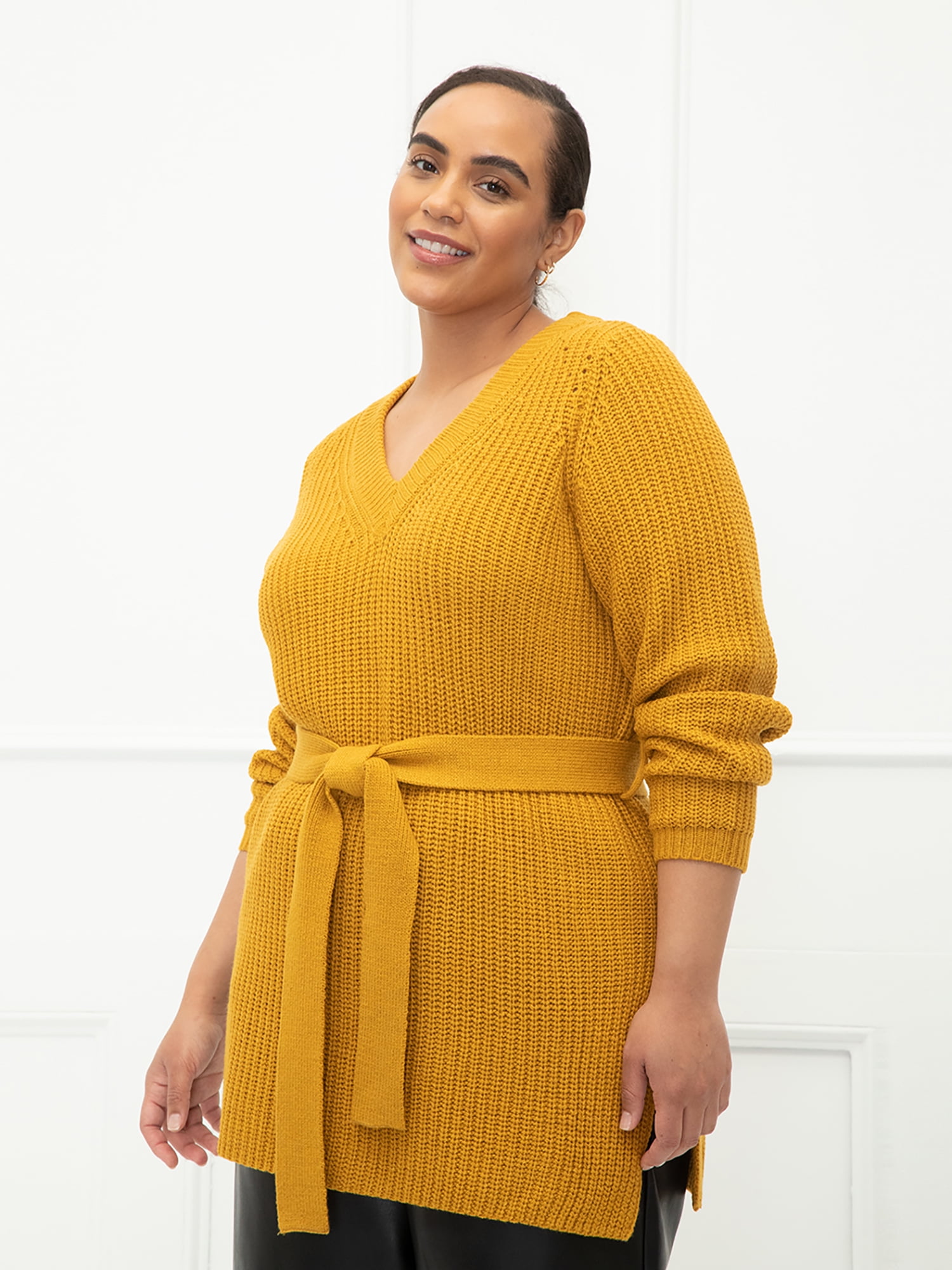 V-Neck Belted Tunic Sweater 