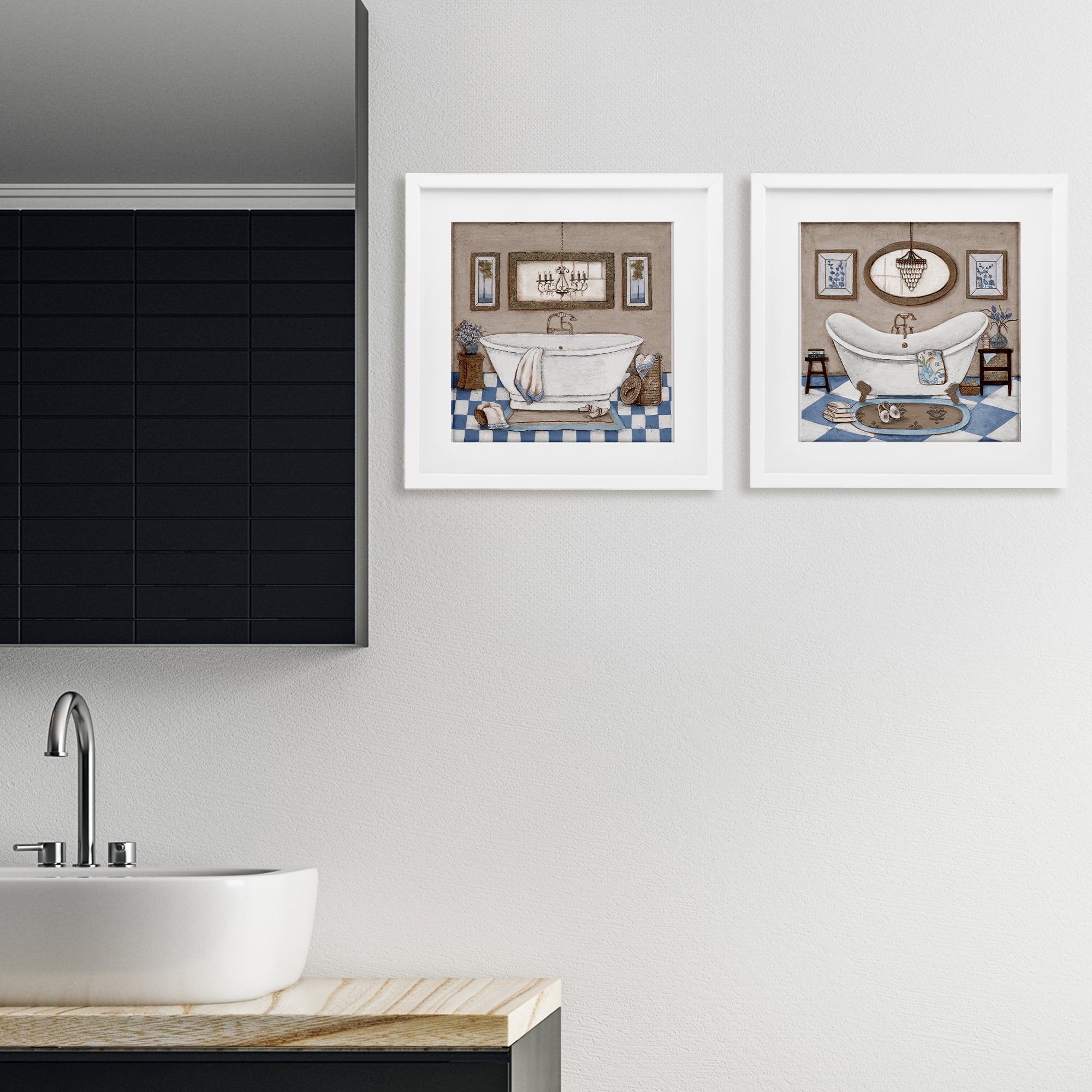 Stupell Industries Tiled Bathroom Views 2 Piece White Framed Print Under Glass Set, design by Janet Tava