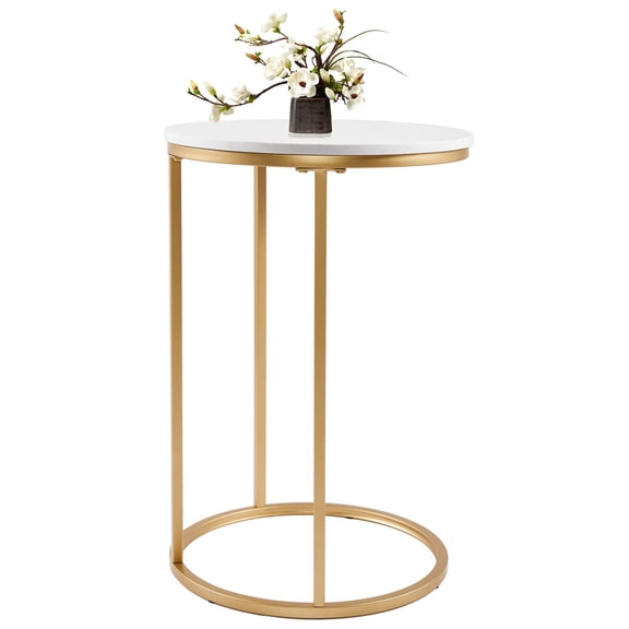 Gold Marble Top C Shaped Side Table, Slim Sofa Table for Small Spaces, Accent End Table for Living Room Bedroom Office, Round Gold