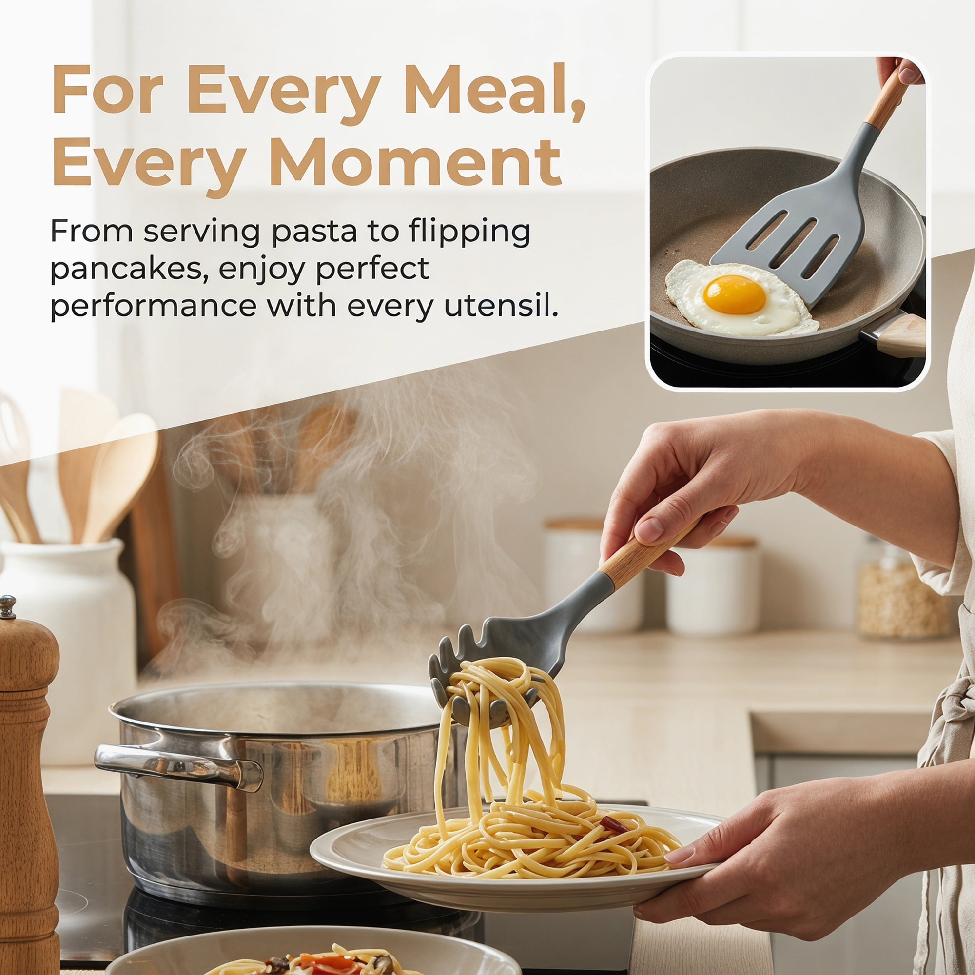 Unique Bargains 6 Pcs Durable Silicone Kitchen Utensil Set with Wooden Handle Gray