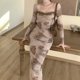 thumbnail image 1 of Vestido con cuello cuadrado, ajustado, estilo vintage, para mujer, traje diario Ygjytge Caqui T M para Mujer, 1 of 9