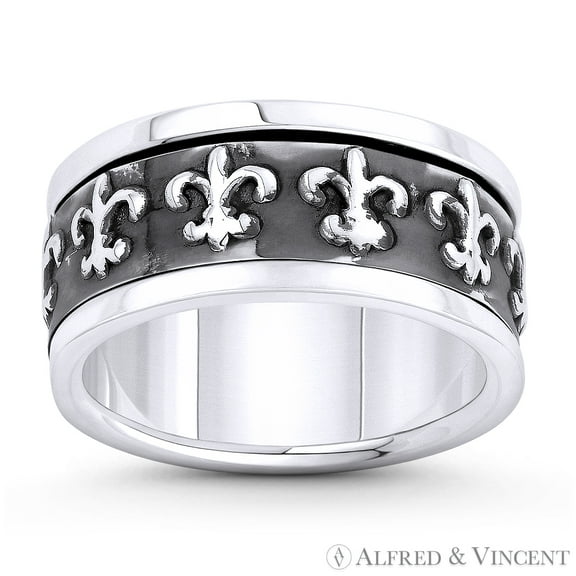 Fleur-De-Lis French Royalty Charm 9.5mm Band / Spinning Men's Ring in Oxidized .925 Sterling Silver