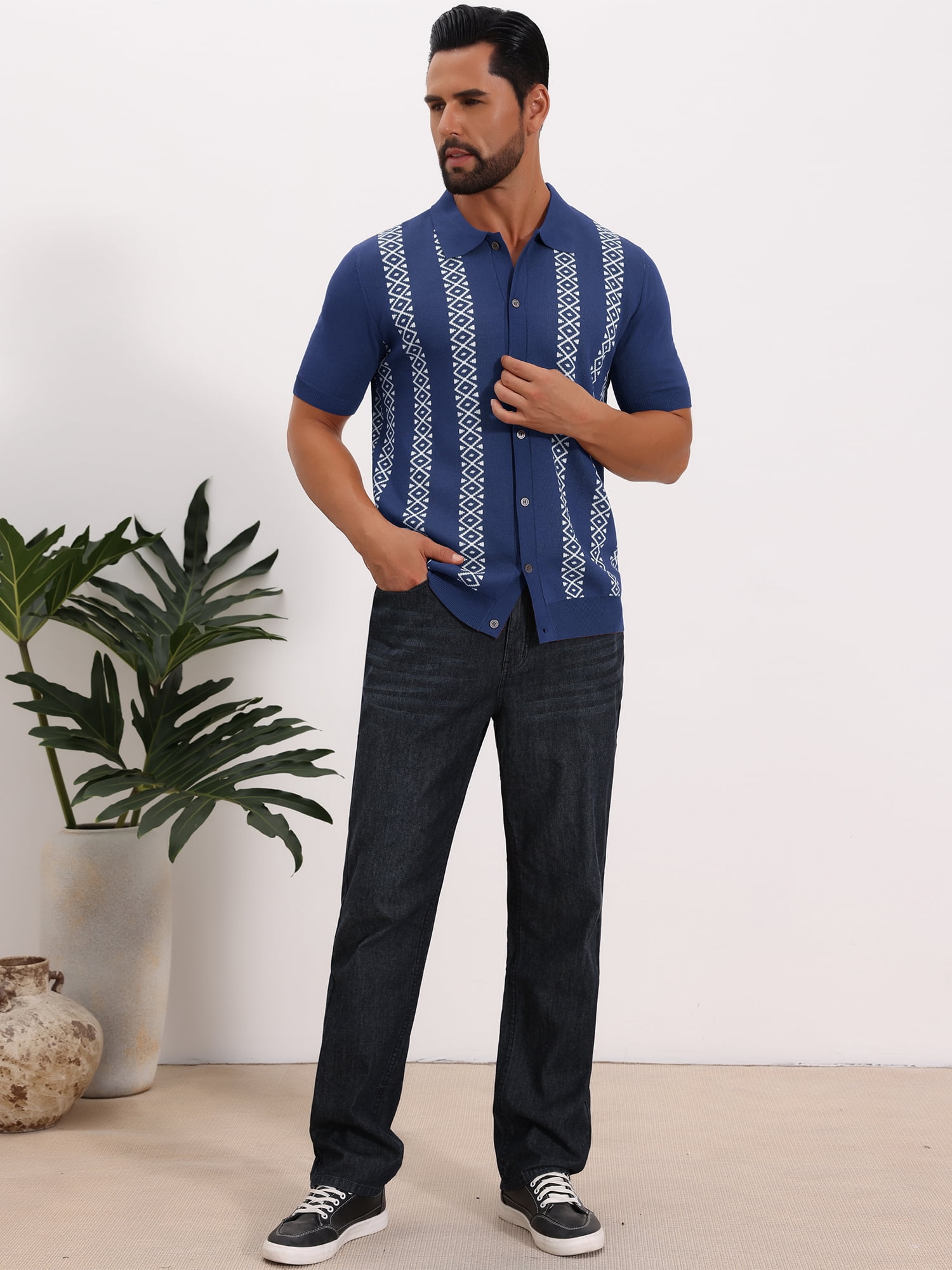 DARING DIVA Men's Jacquard Short Sleeve Button Down Knitted Golf Polo Shirts L Navy Blue