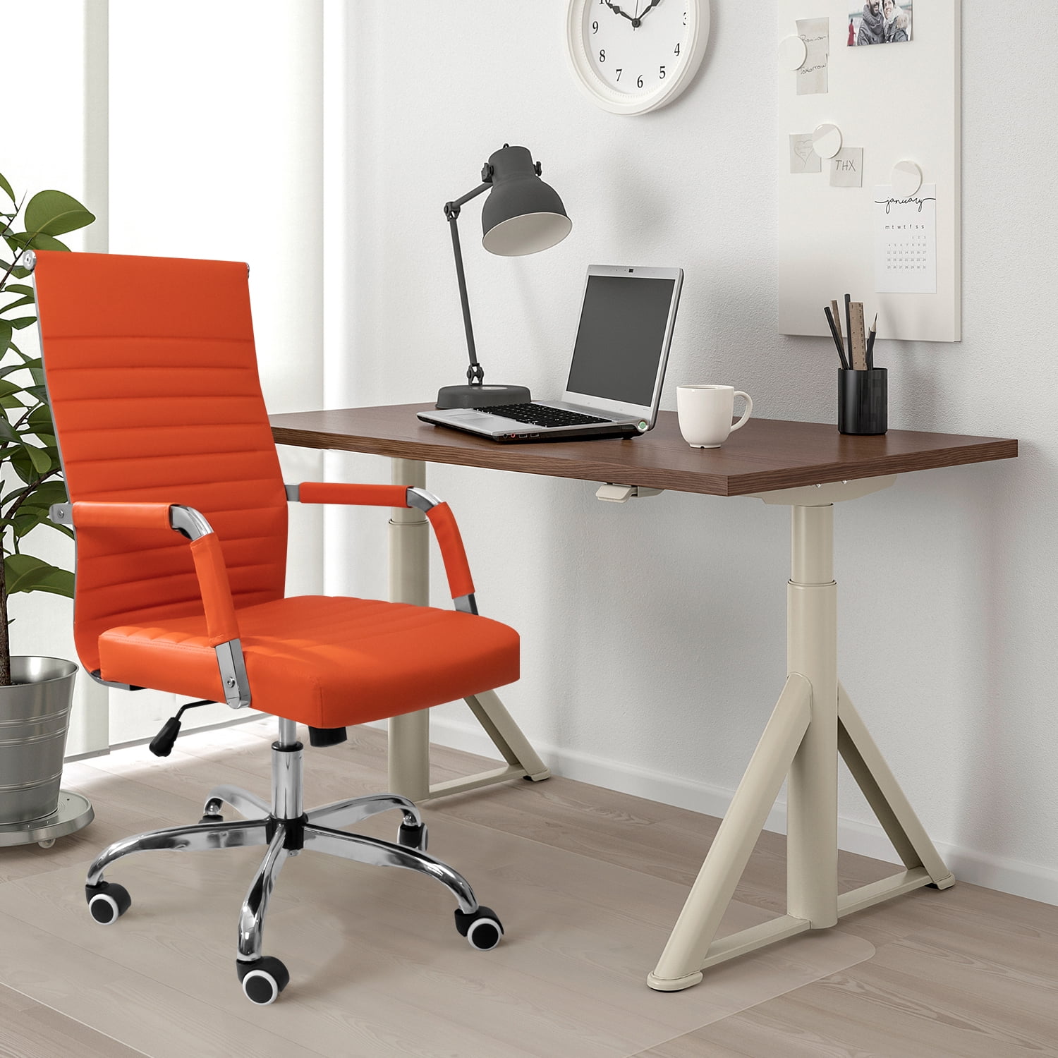 Furmax Ribbed Office Desk Mid-Back PU Leather Executive Conference Task Adjustable Swivel Chair with Arms, Orange