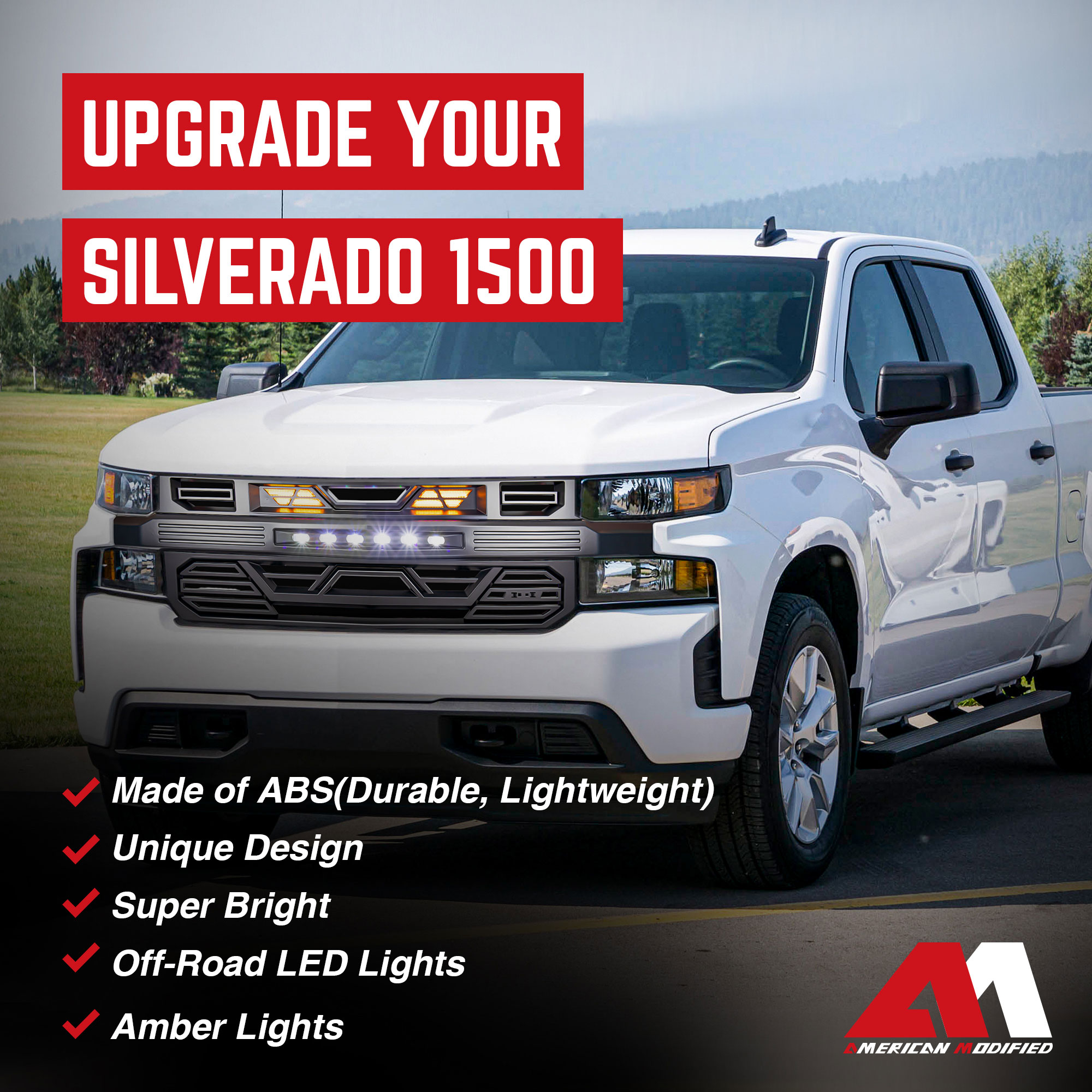 AMERICAN MODIFIED Grille w/LEDs for 19-21 Chevy Silverado 1500, Matte Black