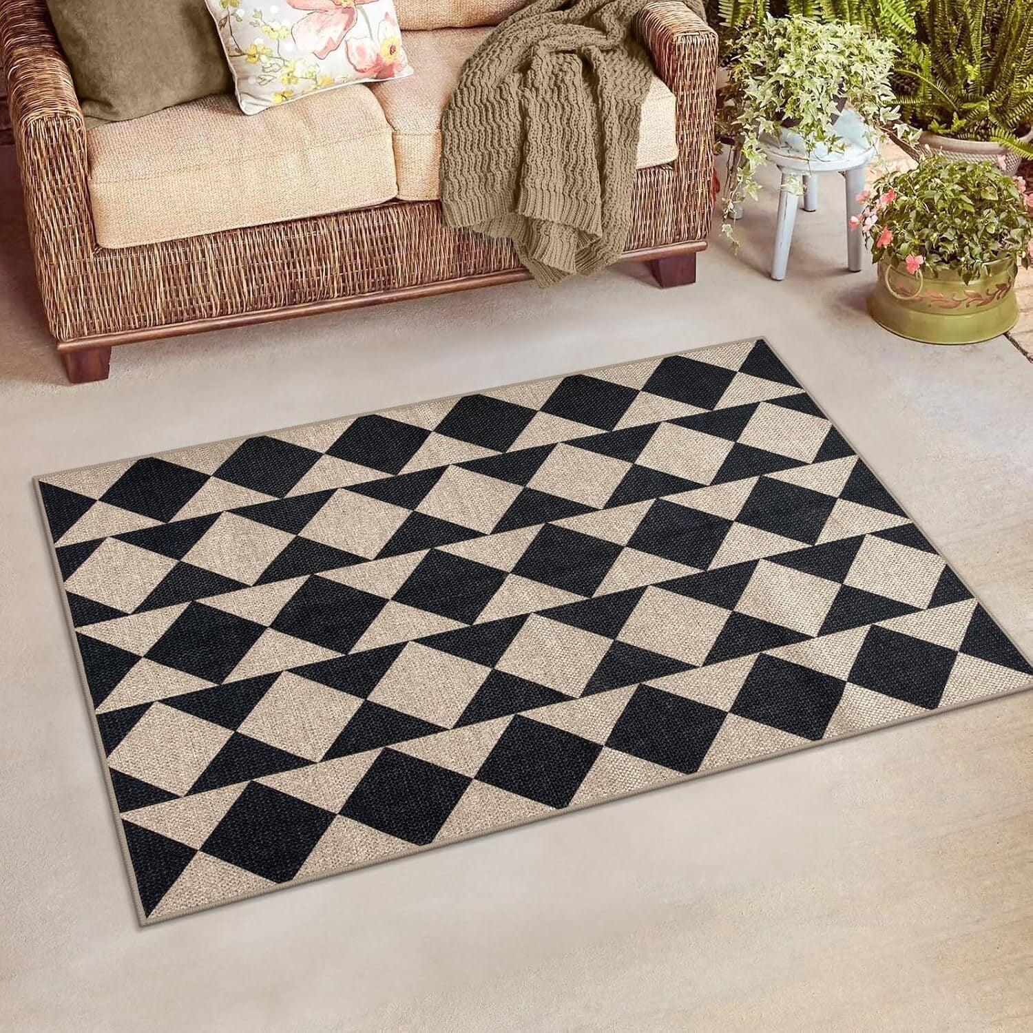 Lahome 3'x5' Checkered Easy Jute Area Rug,Outdoor Patio Rug Washable Rugs for Entryway Checkerboard Indoor Outdoor Living Room Classroom Rugs,Farmhouse Neutral Non Slip Black Carpet for Bedroom