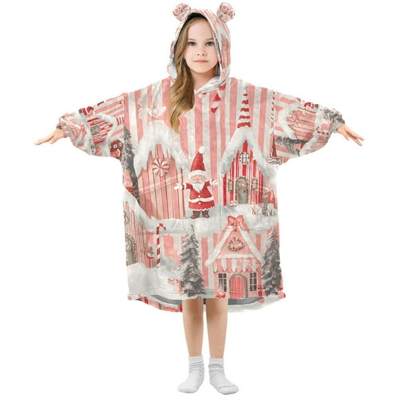 FORMRS Wearable Blanket Hoodie with Sleeves for Kids Cozy Flannel Sweatshirt, Light Pink Gingerbread Houses