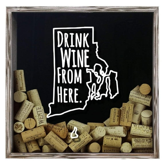 Torched Rhode Island Wine Cork Shadow Box Wall Mount Decor 13"x13"x3" Gray