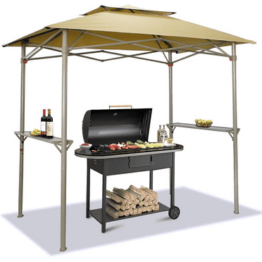 CROWN SHADES 8 x 5 Foot BBQ Grill Gazebo Beach Tent Canopy, Easy Up Outdoor Patio Shade Cover with Double Tier Vented Top & 2 Side Shelves, Beige
